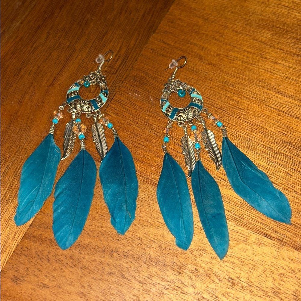 Feather Earrings with Silver Accents Drop Dangle 4-5” Tribal Western Boho